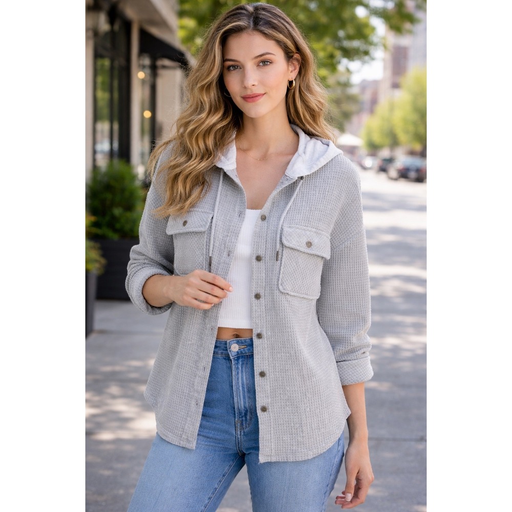 Hippie Rose gray Juniors' Hooded Waffle Knit Shacket size M